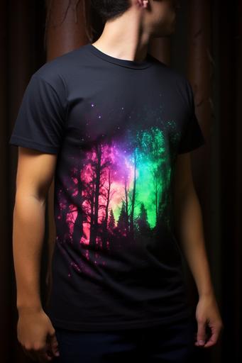product photo, black t-shirt design, northern lights above silhouette trees, abstract, auroracore:: --ar 2:3