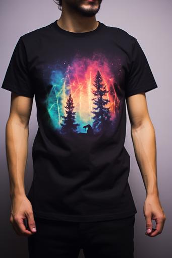 product photo, black t-shirt design, stunning northern lights over silhouette trees, auroracore:: --ar 2:3
