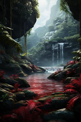 stealthy futuristic photorealistic starship deep red camouflage::1.7 jungle trees rainstorm photorealistic::1.1 mountainside 16k cinematic rainforest --no people, astronaut, mushrooms --ar 2:3