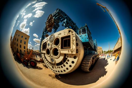 natural 35mm, big mobile crane working in city, steam roller , heavy construction machinery, retro, steampunk, fisheye lens, photorealistic, ultra-sharp, photography, cinematic lighting, volumetric lighting, intricate details, extremely detailed --ar 3:2