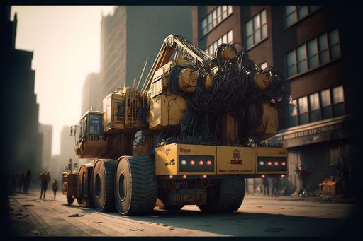 natural 35mm, big mobile crane working in city, steam roller, heavy construction machinery, retro, steampunk, lens, photorealistic, ultra-sharp, photography, cinematic lighting, volumetric lighting, intricate details, extremely detailed --ar 3:2