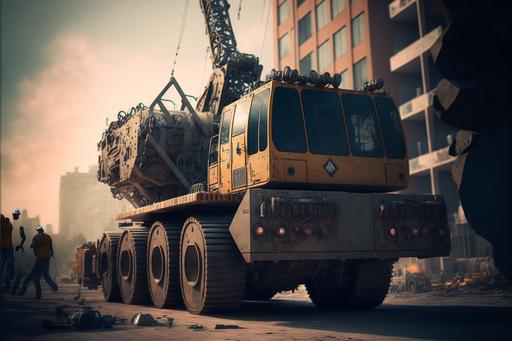 natural 35mm, big mobile crane working in city, steam roller, heavy construction machinery, retro, steampunk, lens, photorealistic, ultra-sharp, photography, cinematic lighting, volumetric lighting, intricate details, extremely detailed --ar 3:2