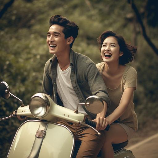 natural photo of young asian man and his girlfriend riding a vespa.