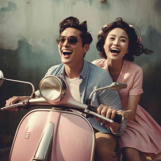 natural photo of young asian man and his girlfriend riding a vespa. blue and pink color tone.