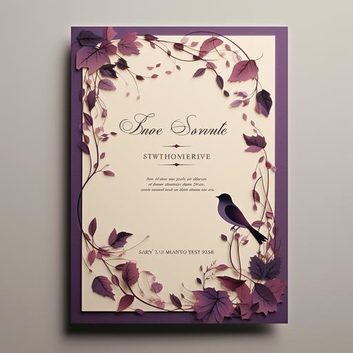 nature and forrest style wedding invitation card design colors are purple and khaki nice lovebirds logo on the front and the date is 2024 09 06