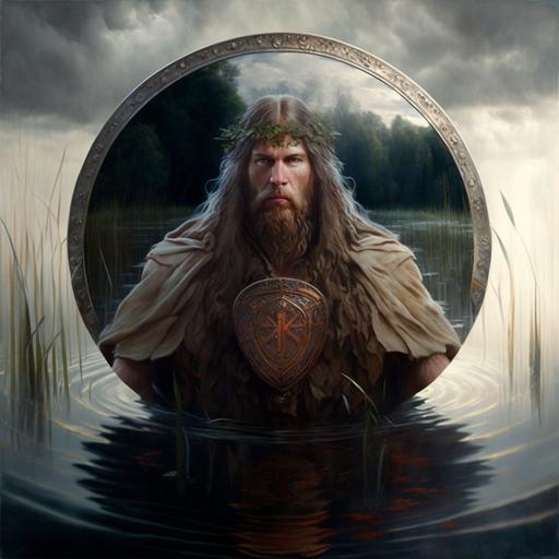 nature man with shield in a river to oil painting