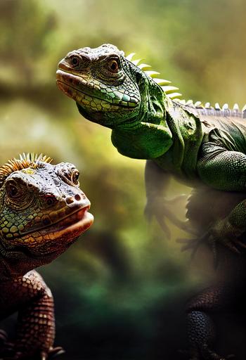 nature surreal protective bipedal giant iguanas impatient with bullies. Photo manipulation by Julien Tabet. Crisp detail. --ar 9:16 --test --creative