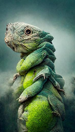 nature surreal protective bipedal giant iguanas impatient with bullies. Photo manipulation by Julien Tabet. Crisp detail. --ar 9:16