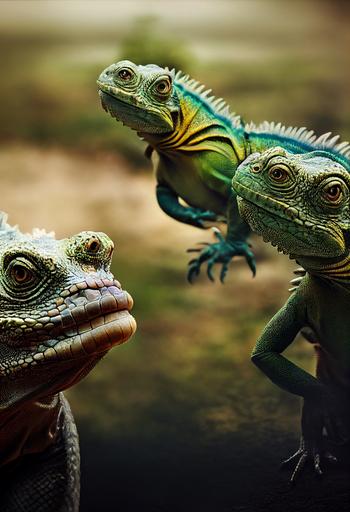 nature surreal protective bipedal giant iguanas impatient with bullies. Photo manipulation by Julien Tabet. Crisp detail. --ar 9:16 --test --creative