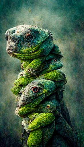 nature surreal protective bipedal giant iguanas impatient with bullies. Photo manipulation by Julien Tabet. Crisp detail. --ar 9:16