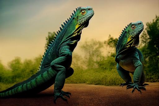 nature. surreal protective bipedal giant iguanas impatient with bullies. Photo manipulation by Julien Tabet. Crisp detail. --ar 16:9 --test --creative