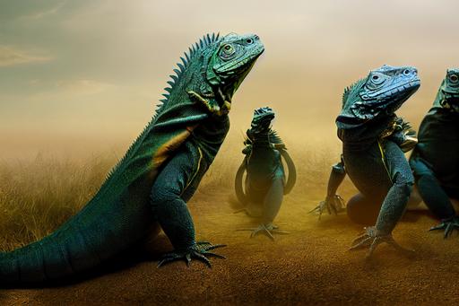 nature. surreal protective bipedal giant iguanas impatient with bullies. Photo manipulation by Julien Tabet. Crisp detail. --ar 16:9 --test --creative