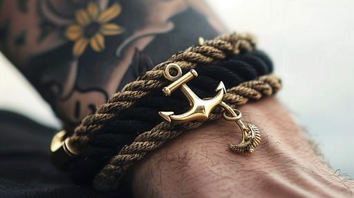 nautical rope bracelet with brass clasps for men with tattooed arms. Nautical rope bracelet with anchor and daisy pendant. ref --ar 16:9 --v 6.0