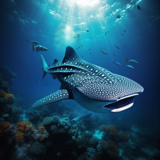 realistic image of a whale shark swimming above a sea coral, maximum quality image, maximum realism, 4k, real photo