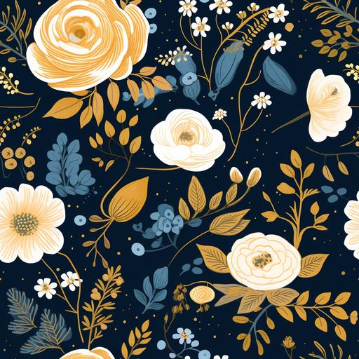 navy fabric by inkaoner on spoonflower custom fabric, in the style of fanciful romanticism, loretta lux, floral, light gold and teal, charles willson peale, post-painterly, whimsical folk-inspired --tile