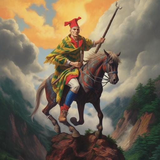 nba basketball superstar nikola jokic riding a horse on top of a mountain with a sleeveless flannel shirt and a oversized pick axe with long spikes and a joker jester type hat on looking like a cival war era type painting --v 5.1
