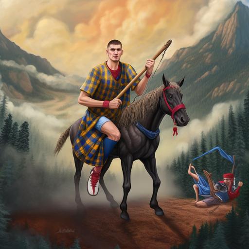 nba basketball superstar nikola jokic riding a horse on top of a mountain with a sleeveless flannel shirt and a oversized pick axe with long spikes and a joker jester type hat on looking like a cival war era type painting --v 5