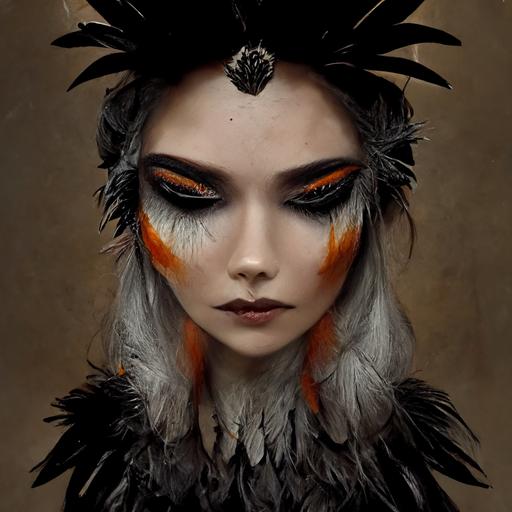 beautiful face with makeup like a secretary bird, long black eyelashes and beautiful silver ombre hair, orange eyeshadow, muted dark forest background, dark fantasy, black iron jewelry like feathers