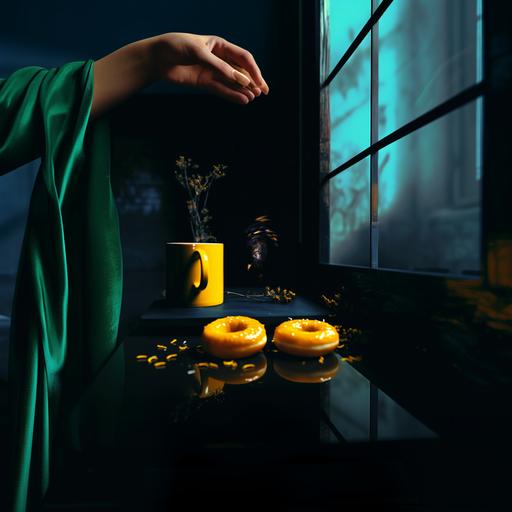 near the donuts a woman’s hand in a green silk blouse places a yellow tulip; high detail; photo qualitye --ar 1:1