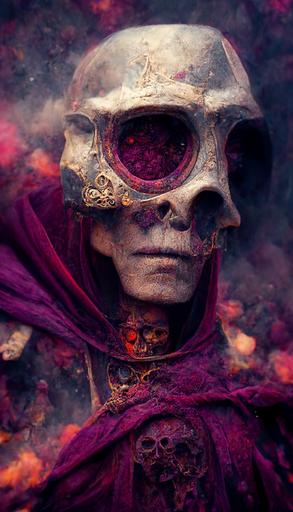necromancer standing amongst piles of bodies, skull mask, ancient oriental warrior armor, flowing cape, barren lands, nebula skies, marco detail, cinematic, light from above, photorealistic, dof, shades of red and purple --ar 9:16