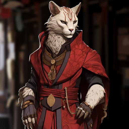 Design sheet, muscular, grey fur tabaxi, male D&D character. Wearing   high fasion fantasy, royal outfit made of chinese red and plum silk and embroidered fabrics with metallic gold accents. Walking through medieval city street. --s 750