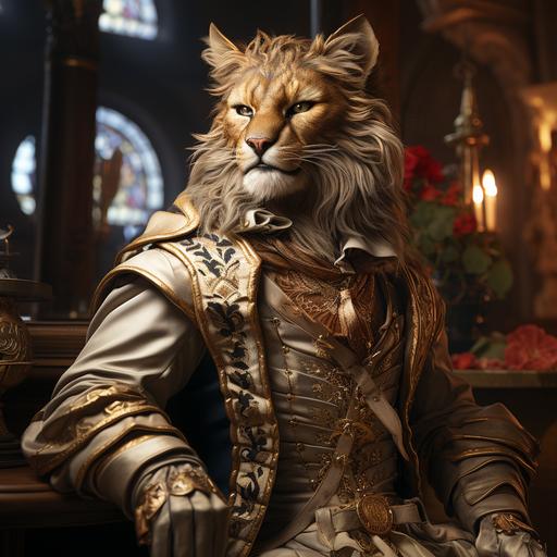 buff tabaxi, male D&D character, high fasion, formal, noble medieval ballroom outfit in a royal court --s 750