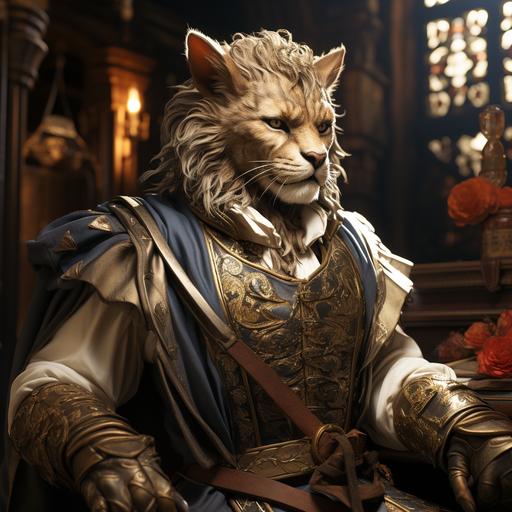 buff tabaxi, male D&D character, high fasion, formal, noble medieval ballroom outfit in a royal court --s 750
