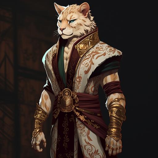 fasion plate, buff tabaxi, male D&D character,  high fasion, formal, noble medieval ballroom outfit in a royal court --s 750