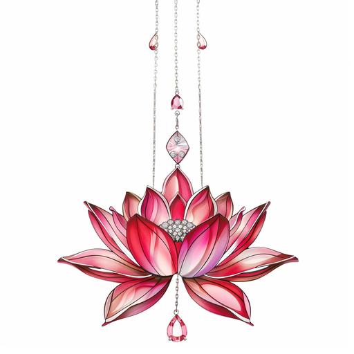 need fancy lotus flower with crystal necklace hanging the flower drawing red and pink color with white background 4k