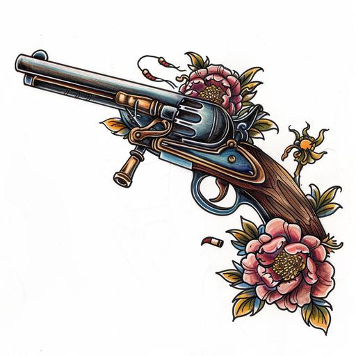 need flintlock pistol traditional style tattoo drawing color with white background
