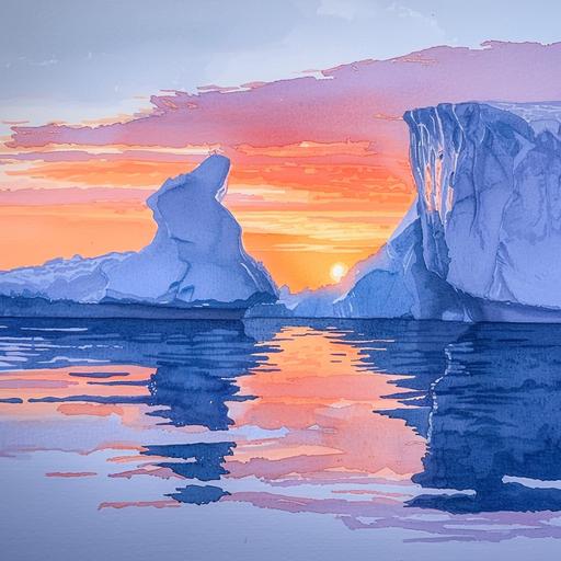 need same sunset with ice bergs watercolor drawing same color