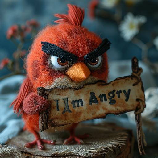needle felted an angry bird holding a sign 