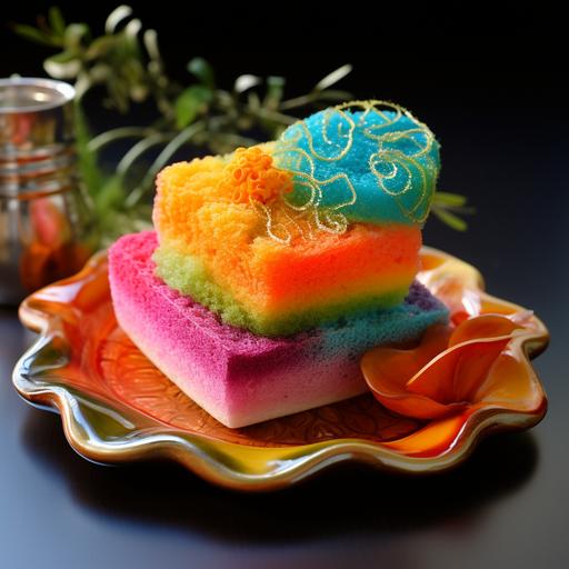 needle felted bar soap displayed in a fancy dish, 3D HDR, colorful, precise intricate details, ultra quality, perfect composition