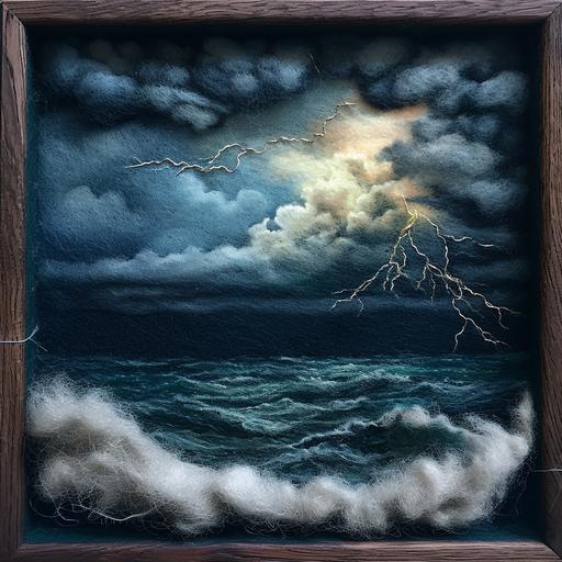 needle felted diorama of a thunderstorm at sea --v 6.0