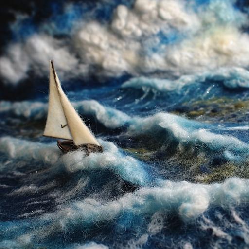needle felted diorama of a thunderstorm at sea --v 6.0