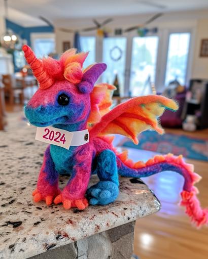 needle felted dragon ushering in lunar new year magic with banner off tail reading 