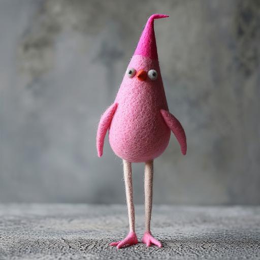 needle felted, pink bird, symbolic, conical, hyperrealistic, human legs --no multiple, feathers --v 6.0