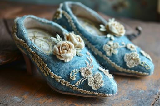 needle felted slippers, cinderella's slippers made of needle felting, ornate princess slipper heels --ar 3:2 --v 6.0