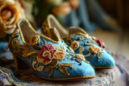 needle felted slippers, cinderella's slippers made of needle felting, ornate princess slipper heels --ar 3:2 --v 6.0