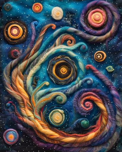 needlefelted colorful sparkling galaxy swirls in the starry night sky, glitter glue, view from alien planet space opera --ar 4:5 --v 6.0