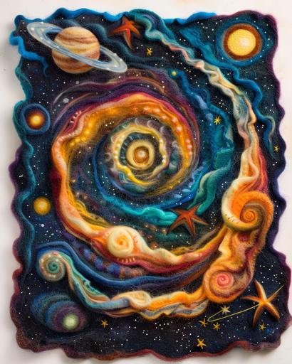 needlefelted colorful sparkling galaxy swirls in the starry night sky, view from alien planet space opera --ar 4:5 --v 6.0