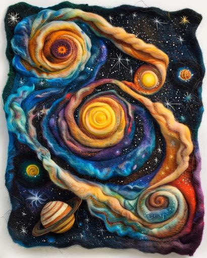 needlefelted colorful sparkling galaxy swirls in the starry night sky, view from alien planet space opera --ar 4:5 --v 6.0