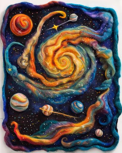 needlefelted colorful sparkling galaxy swirls in the starry night sky, view from alien planet space opera --ar 4:5 --v 6.0