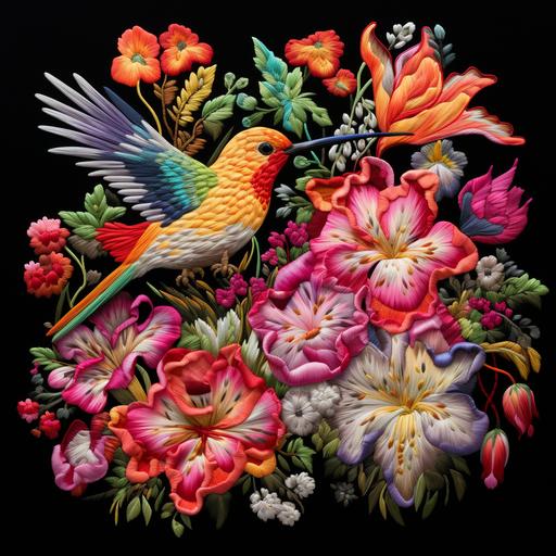 needlepoint art, hummingbird and flowers cluster, black background