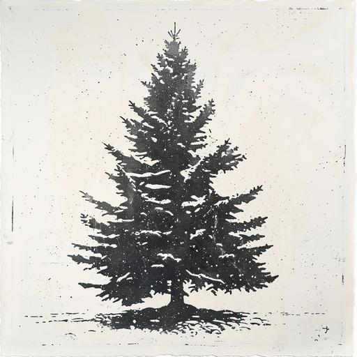 negative abstract woodblock print of snow covered evergreen tree isolated on white backdrop