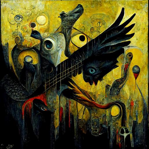 neo-expressionism ::Eagle, falcon, serpent, blackbird, bumblebee, coyote, black guitar - surreal