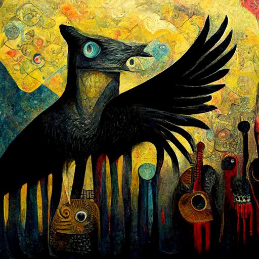 neo-expressionism ::Eagle, falcon, serpent, blackbird, bumblebee, coyote, black guitar - surreal