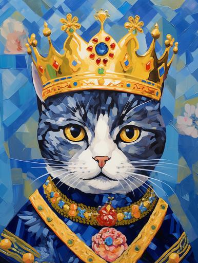 neo fauvist, catjitsu, a cartoon beautiful young cat prince, in the sryle of Osamu Tezuka, small crown, gold brocaded dark blue clothes, oval shaped face, kiki, royal-blue, owo, large smile, sycamore --ar 3:4 --q 2