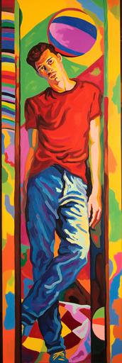neo fauvist full body portrait of a gay man looking in a ceiling mirror above his bed, In the style of Reiner Fetting, gay themes, homosexual themes --ar 1:3 --q 5 --v 5.2