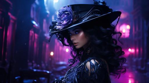 neon Victorian steampunk girl long black hair, purple, Silver, black, Masquerade mask, in the style of beauty and the beast, in the style of futuristic glamour, rendered in cinema4d, rococo-inspired art, detailed character illustrations, unreal engine 5, aerial photography, bold and busy, stock videos & royaltyfree footage, in the style of light gold and light amber, bokeh panorama, gloomcore, photo taken with fujifilm superia, everyday life depiction, fawncore --ar 16:9 --s 250